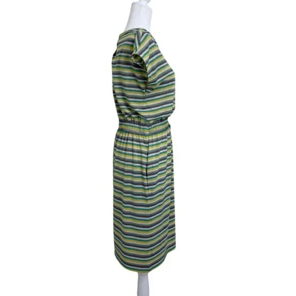 Donna Morgan Dress Short Sleeve Striped Metallic Green Yellow Elastic Waist Sz 4 - Picture 2 of 9